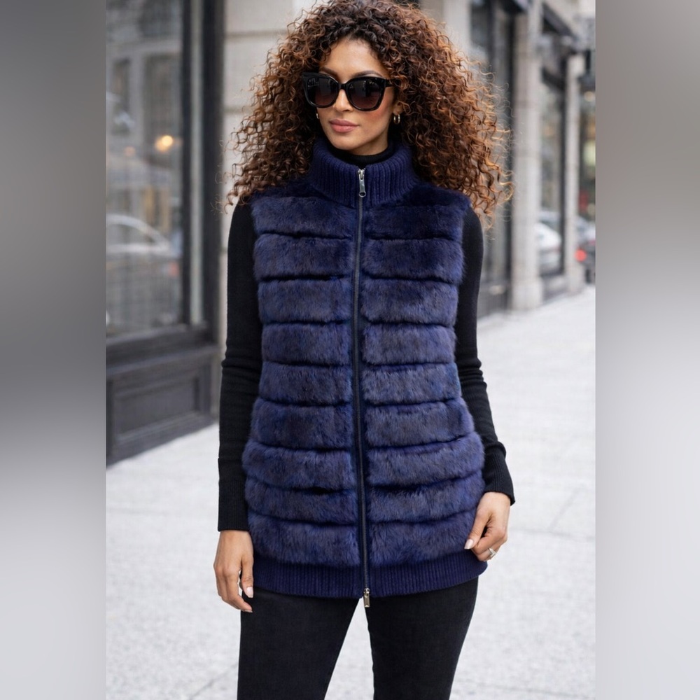 Sherry Cassin New York Midnight Blue Rabbit Fur Vest Size Medium